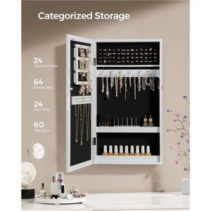 Lockable Jewelry Cabinet with Mirror, Wall-Mounted Space Saving Organizer, White